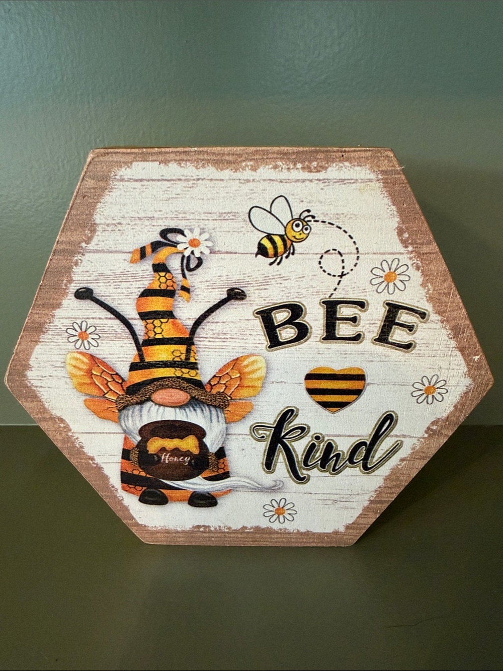 Bee Kind Bumblebee Gnome Hexagon Sign - Yellow and Black